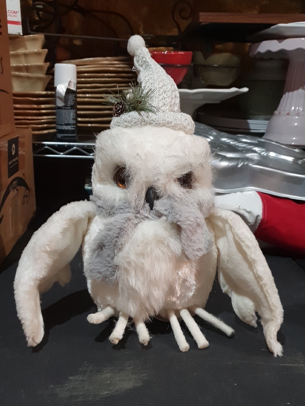 Plush White Owl Figurine with Knit Hat